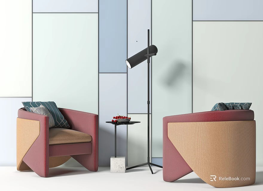 Leisure Sofa Set With Two Red And Beige Chairs Side Table And Floor Lamp 3d model