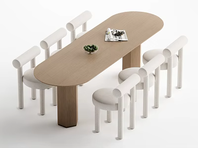 Modern Oval Wooden Dining Table Set With White Chairs Decorative Plant And Magazine 3d model