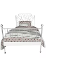 Vintage Style Single Bed with Ornate Iron Headboard and Patterned Bedding 3d model