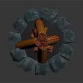 Campfire Scene Composition With Wooden Logs Burning Flames And Blue Stones Base