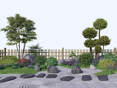 Lush Shrubs in Garden with Surrounding Trees Wooden Fence Stones on Sand and Colorful Flowers 3d model