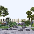 Lush Shrubs in Garden with Surrounding Trees Wooden Fence Stones on Sand and Colorful Flowers
