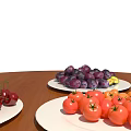 Fresh Fruits Red Cherries Purple Grapes And Tomatoes On White Plates Over Wooden Table