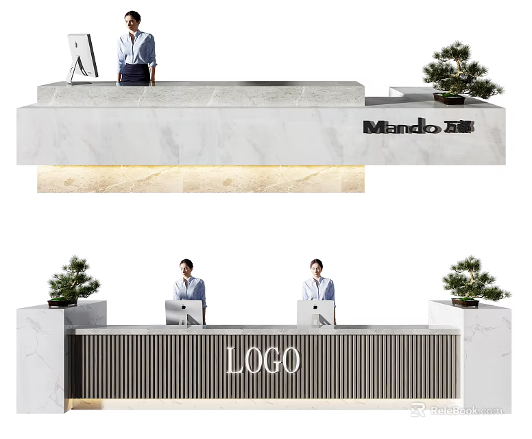 Modern Reception Desk With Marble Countertop Staff Computer And Potted Plants 3d model 
