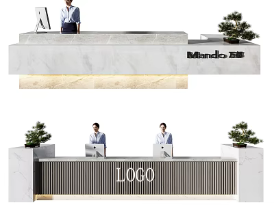 Modern Reception Desk With Marble Countertop Staff Computer And Potted Plants 3d model
