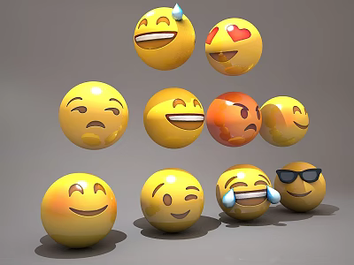 Cute Yellow Smiling Dolls With Various Emoji Expressions And Round Shapes 3d model