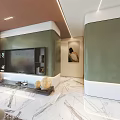 Elegant Modern Living and Dining Room Interior With Light Blue Sofa And Marble Coffee Table