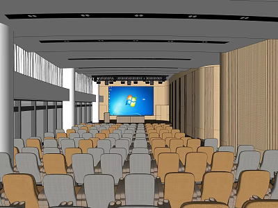 Modern Conference Room Interior With Rows Of Chairs Large Screen And Wooden Walls 3d model