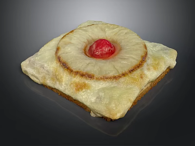 Golden Flaky Baked Square Pastry Topped With Pineapple Slice And Red Cherry 3d model