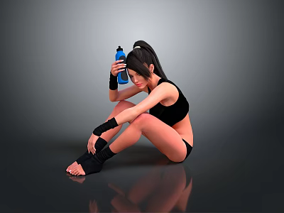 Woman in black sportswear sitting on floor holding blue water bottle with wrist knee supports 3d model