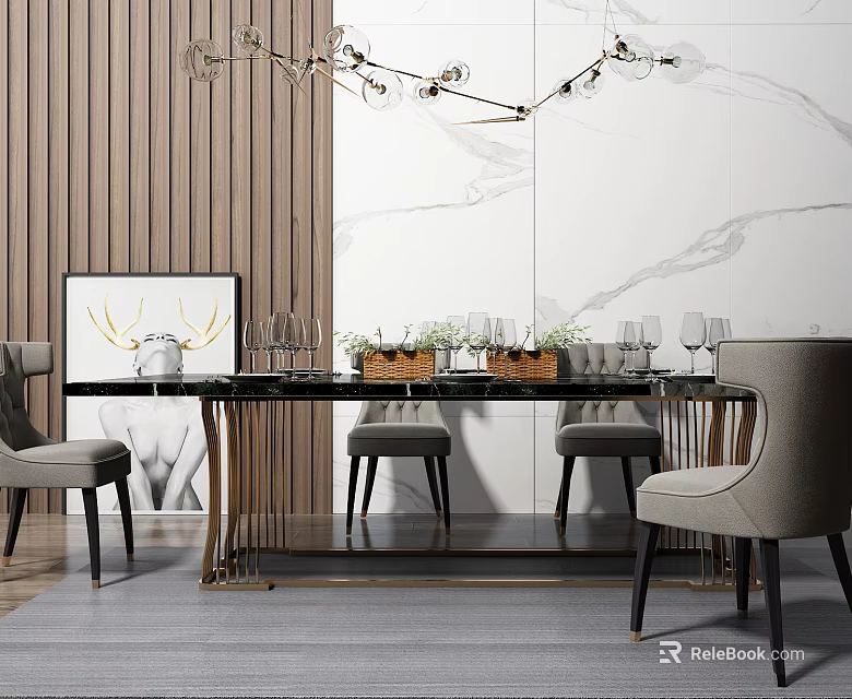 Elegant Dining Table Set With Gray Chairs Black Tabletop Modern Chandelier And Marble Backdrop 3d model