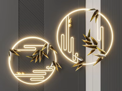 Circular Wall Decor with Golden Bamboo Leaves Illuminated Light Strips on Gray White Striped Background 3d model