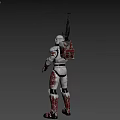 Sci Fi Game Movie Character In Red White Armor With Blue Eye And Shoulder Cannon