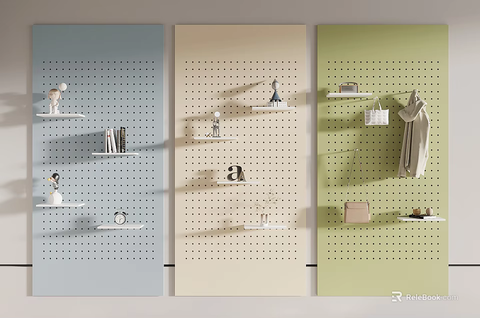 Colorful Pegboard Wall Decor With Shelves And Decorative Items For Home 3d model 