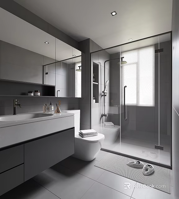 Modern Bathroom Interior With Gray Cabinets Double Sink Vanity Large Mirror And Glass Shower 3d model
