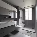 Modern Bathroom Interior With Gray Cabinets Double Sink Vanity Large Mirror And Glass Shower 3d model