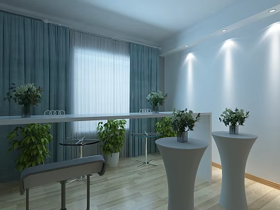 Modern Interior Space With Blue Curtains Window Bar Counter Stools And Green Plants 3d model