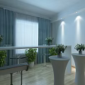 Modern Interior Space With Blue Curtains Window Bar Counter Stools And Green Plants