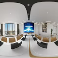 Modern Elevator Hallway With White Marble Walls Green Plants Terrazzo Floor And Ceiling Lights