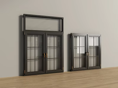 Black Casement Windows With Glass Panels In Modern Interior Wooden Floor Setting 3d model
