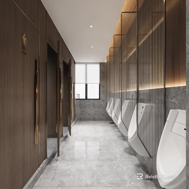 Elegant Modern Public Restroom Interior With Wooden Stalls Marble Walls And White Urinals 3d model 