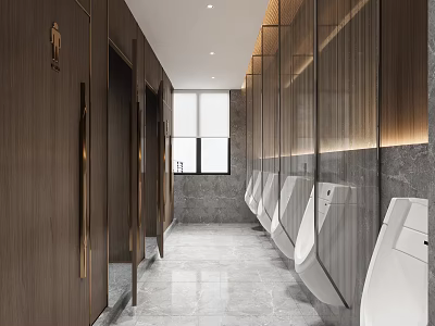 Elegant Modern Public Restroom Interior With Wooden Stalls Marble Walls And White Urinals 3d model
