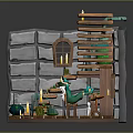 Cartoon Fantasy Scene With Stone Walls Wooden Stairs Green Contraption Candles Bookshelf And White Cat