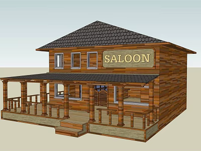 Traditional Wooden Saloon Building With Two Story Structure Black Roof And Porch Railing 3d model