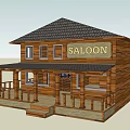 Traditional Wooden Saloon Building With Two Story Structure Black Roof And Porch Railing