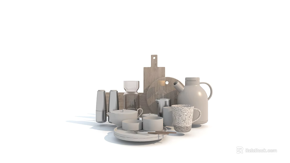 Ceramic Mugs Plates Wooden Cutting Board And Kettle Kitchenware Collection Set 3d model