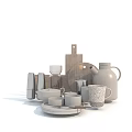 Ceramic Mugs Plates Wooden Cutting Board And Kettle Kitchenware Collection Set 3d model