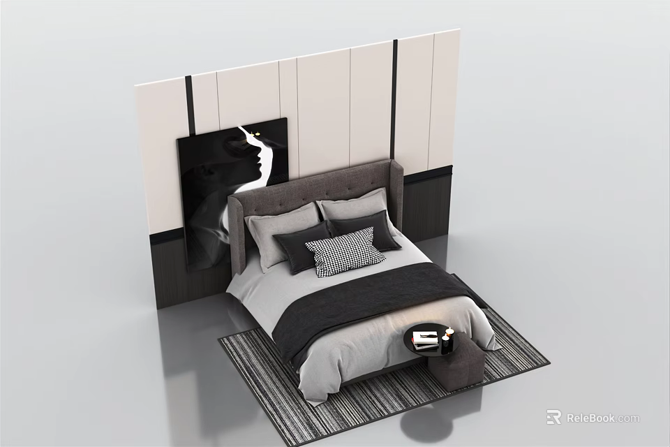 Modern Double Bed With Upholstered Headboard And Decorative Wall Panels With Pillows And Striped Rug 3d model 