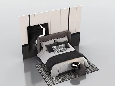 Modern Double Bed With Upholstered Headboard And Decorative Wall Panels With Pillows And Striped Rug 3d model