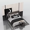 Modern Double Bed With Upholstered Headboard And Decorative Wall Panels With Pillows And Striped Rug