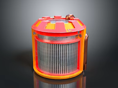 Red And Orange Cylindrical Industrial Equipment With Metal Mesh And Copper Components 3d model