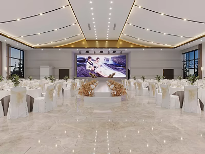 Elegant Banquet Hall For Wedding With Large Screen Decorations And Tables Chairs 3d model
