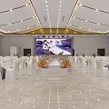 Elegant Banquet Hall For Wedding With Large Screen Decorations And Tables Chairs