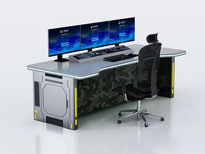 Modern Style Office Desk Featuring Three Monitors Keyboard Mouse Black Office Chair And Camouflage Legs 3d model