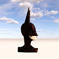 Dark Colored Shiny Helmet Against Blue Sky With White Clouds And Light Ground