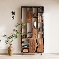Chinese Style Wooden Shelf With Tea Sets Books Vases And Bamboo Plant Near White Wall