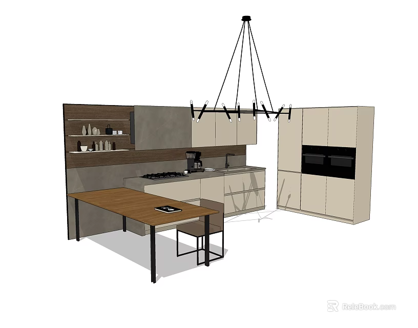 Modern Open Kitchen Interior With Light Cabinets Island Counter And Pendant Light 3d model