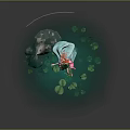 Game Movie Fantasy Character With Red Hair Green Dress On Water Lily Pads And Rock