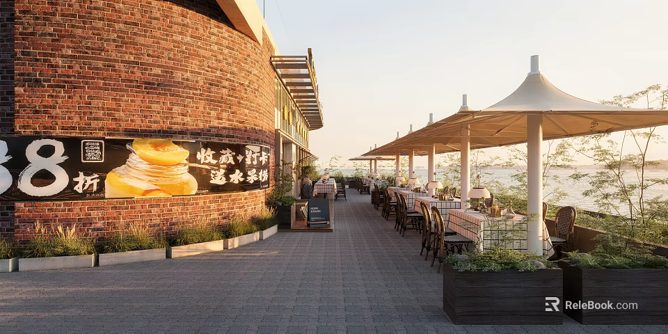 Delightful Dessert Shop With Red Brick Exterior Outdoor Seating Umbrella Canopies And Displayed Pastries 3d model 