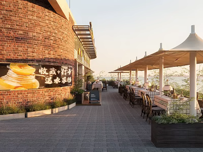 Delightful Dessert Shop With Red Brick Exterior Outdoor Seating Umbrella Canopies And Displayed Pastries 3d model
