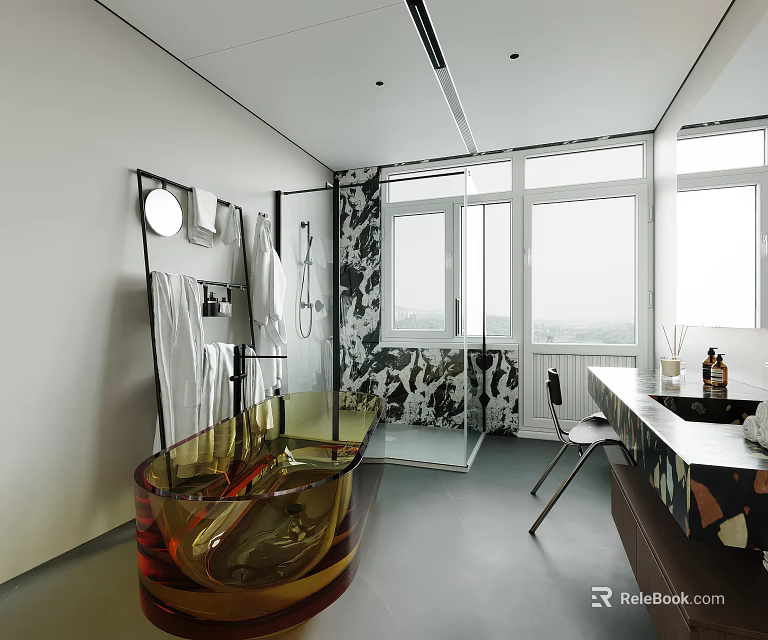 Modern Bathroom Interior Design With Freestanding Tub Glass Shower And Marble Walls 3d model 