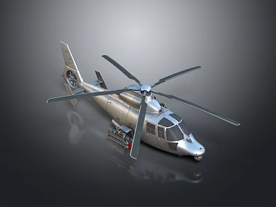 Shiny Silver Helicopter With Rotor Blades And Fuselage On Dark Reflective Background 3d model