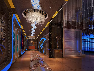 Modern Elevator Lobby With Elegant Chandelier Decorative Walls And Blue Lighting 3d model