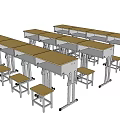 Multiple Wooden Top Desks With Metal Frames And Matching Stools On Wheels 3d model