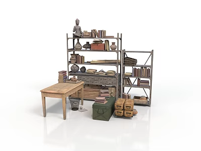Vintage Storage Shelves With Books Statue Vases Wooden Table And Boxes 3d model