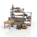 Vintage Storage Shelves With Books Statue Vases Wooden Table And Boxes